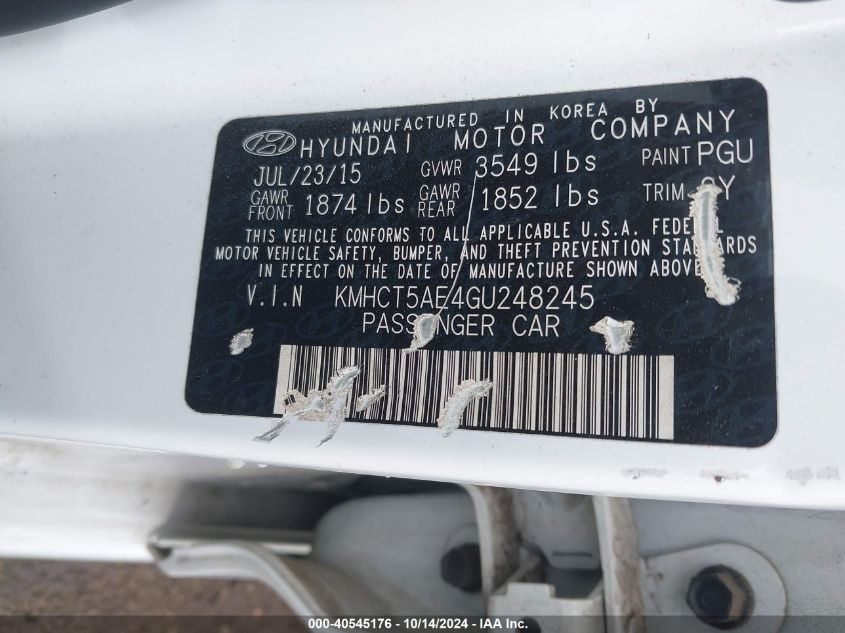 2016 Hyundai Accent Se VIN: KMHCT5AE4GU248245 Lot: 40545176