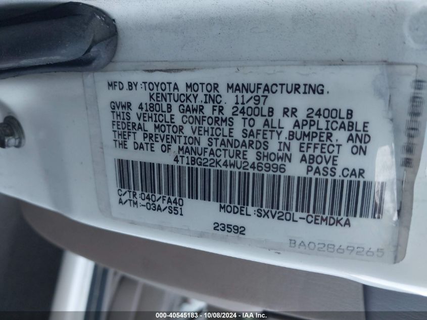 4T1BG22K4WU246996 1998 Toyota Camry Ce