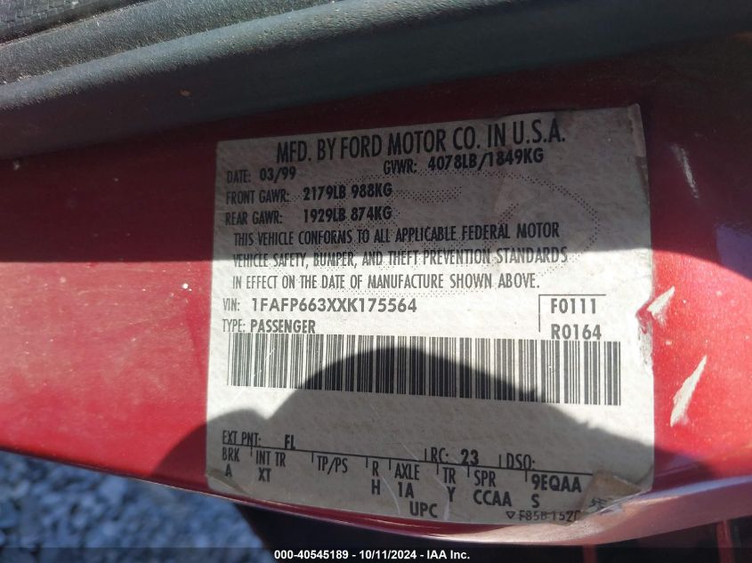 1FAFP663XXK175564 1999 Ford Contour Se