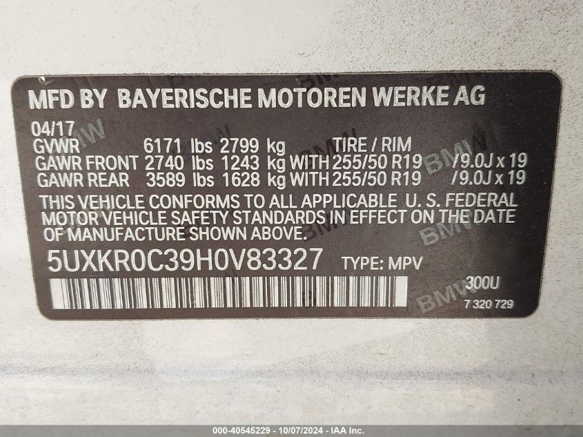 VIN 5UXKR0C39H0V83327 2017 BMW X5, Xdrive35I no.9