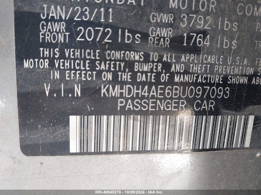 KMHDH4AE6BU097093 2011 Hyundai Elantra Gls (Ulsan Plant)