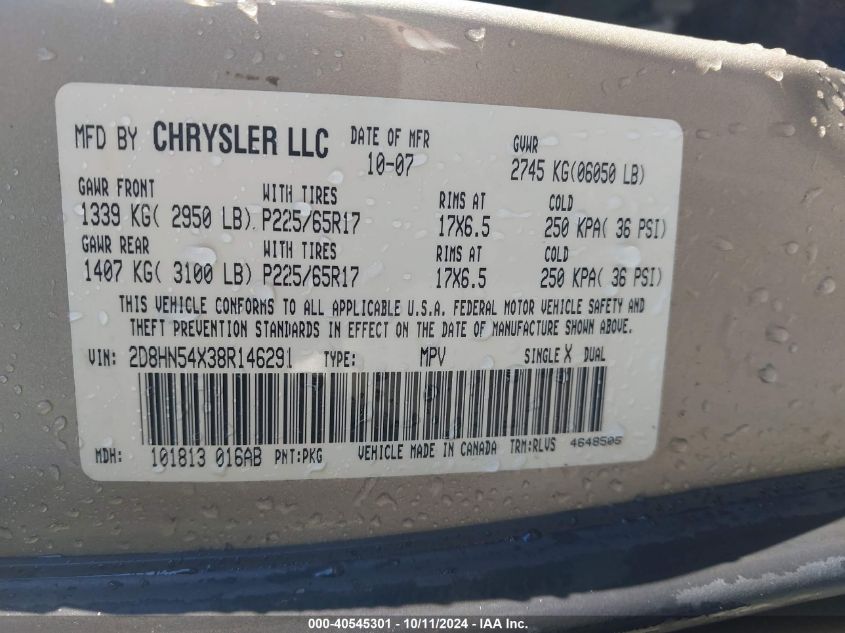 2D8HN54X38R146291 2008 Dodge Grand Caravan Sxt