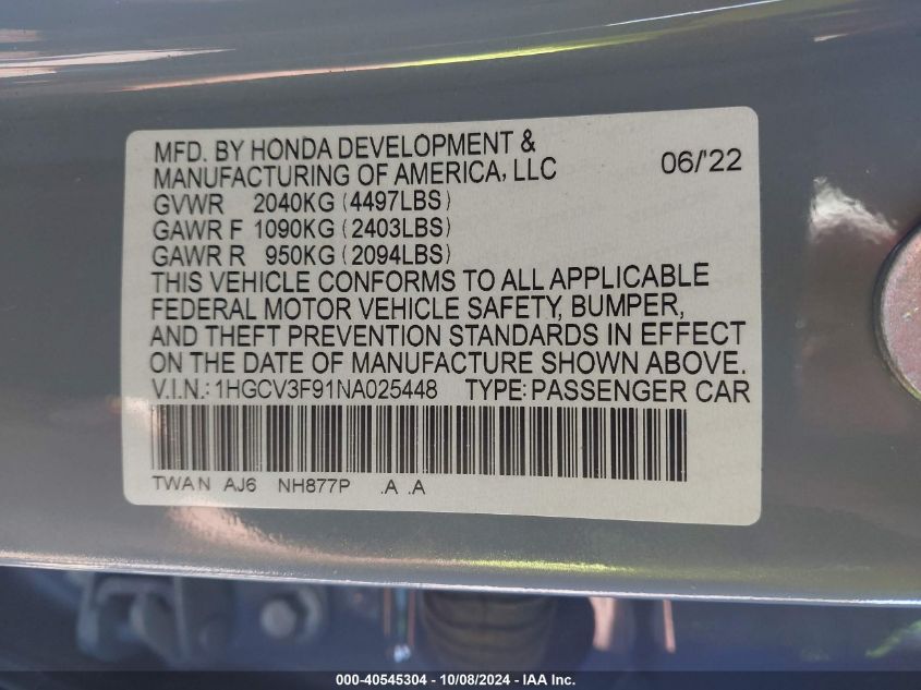 2022 Honda Accord Hybrid Touring VIN: 1HGCV3F91NA025448 Lot: 40545304