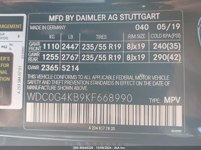 WDC0G4KB9KF668990 2019 Mercedes-Benz Glc 300 4Matic