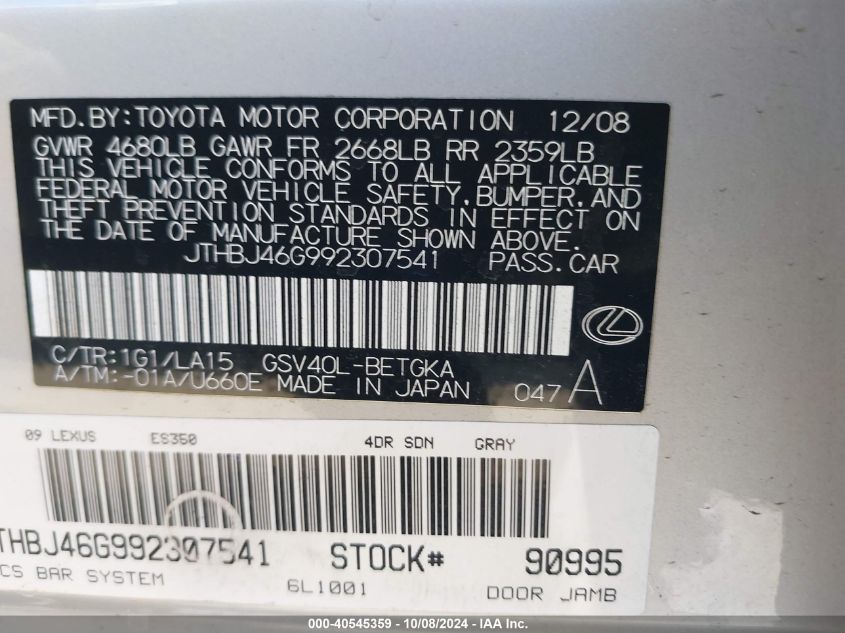 JTHBJ46G992307541 2009 Lexus Es 350