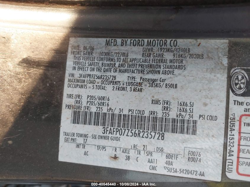 3FAFP07Z56R235728 2006 Ford Fusion Se