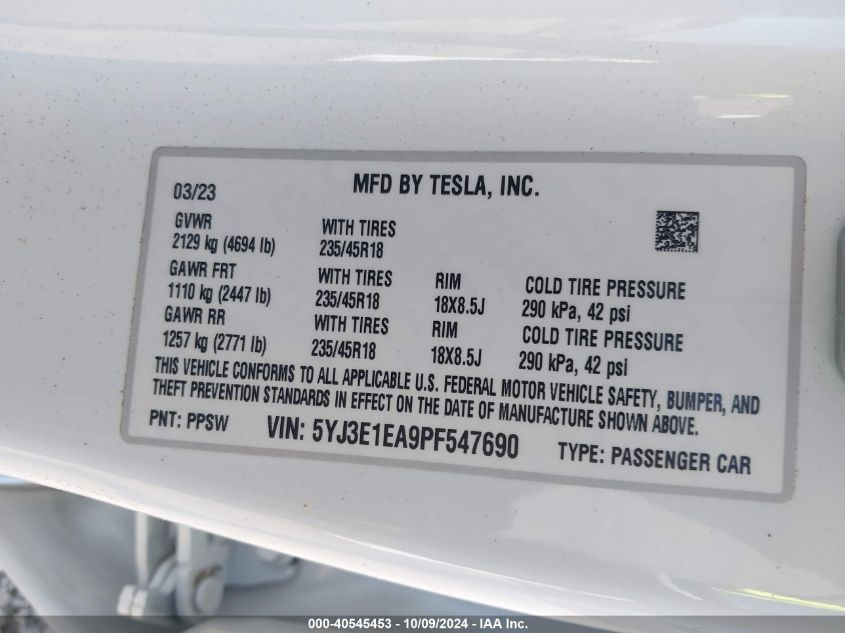 2023 Tesla Model 3 Rear-Wheel Drive VIN: 5YJ3E1EA9PF547690 Lot: 40545453