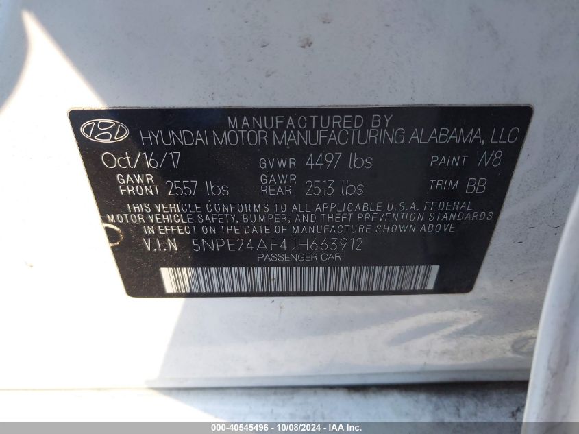 5NPE24AF4JH663912 2018 Hyundai Sonata Se