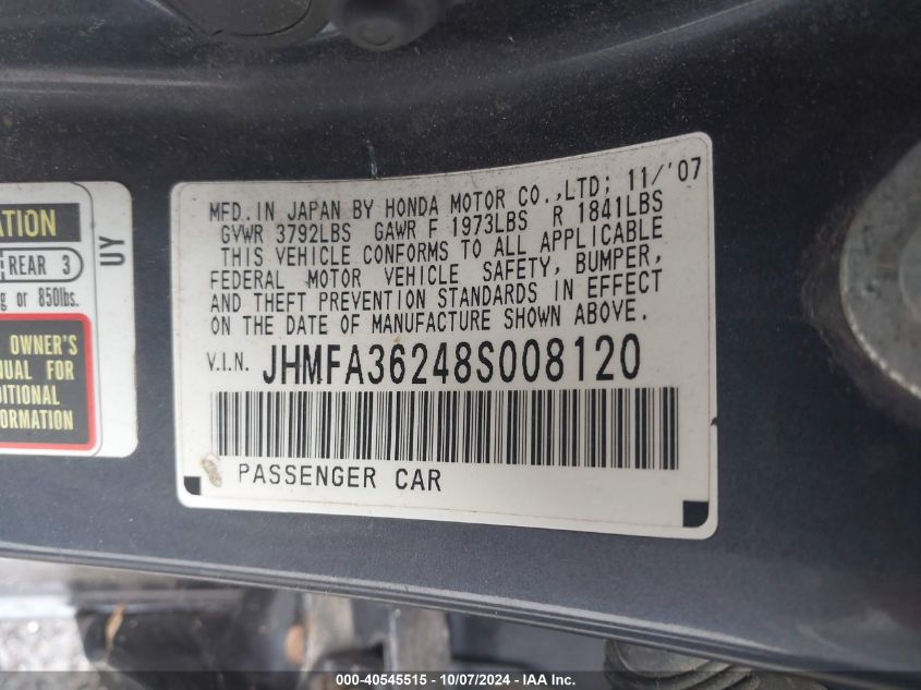 JHMFA36248S008120 2008 Honda Civic Hybrid