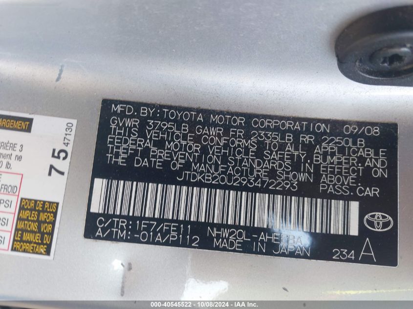 JTDKB20U293472293 2009 Toyota Prius Standard