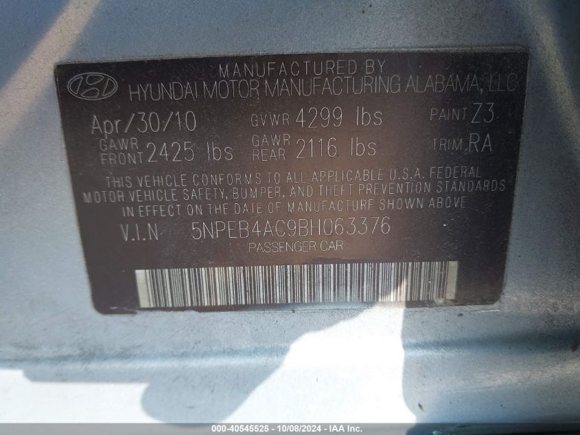 5NPEB4AC9BH063376 2011 Hyundai Sonata Gls