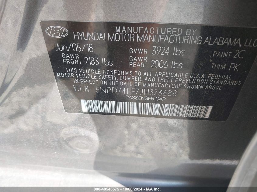 5NPD74LF7JH373688 2018 Hyundai Elantra Se