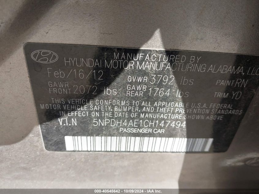 5NPDH4AE1CH147494 2012 Hyundai Elantra Gls