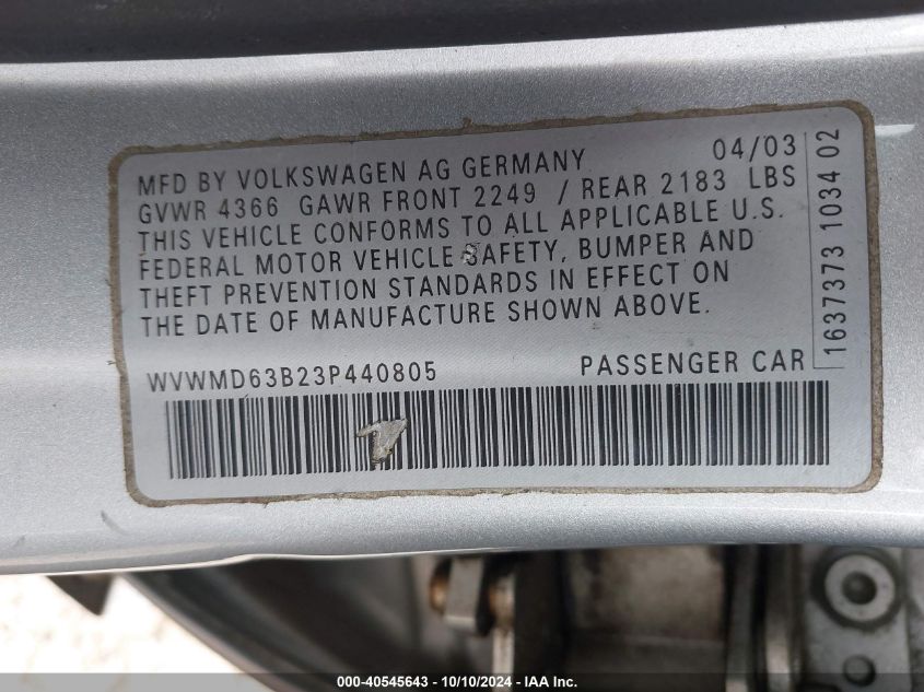 WVWMD63B23P440805 2003 Volkswagen Passat Gl