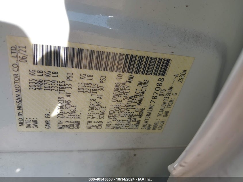 VIN 5N1AT3BA1MC787088 2021 NISSAN ROGUE SV FWD
