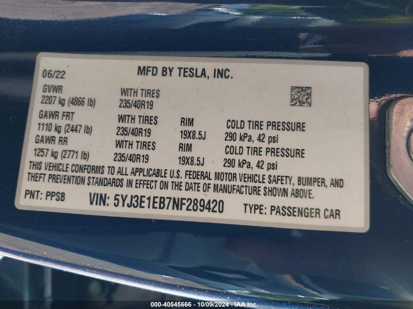 2022 Tesla Model 3 Long Range Dual Motor All-Wheel Drive VIN: 5YJ3E1EB7NF289420 Lot: 40545666