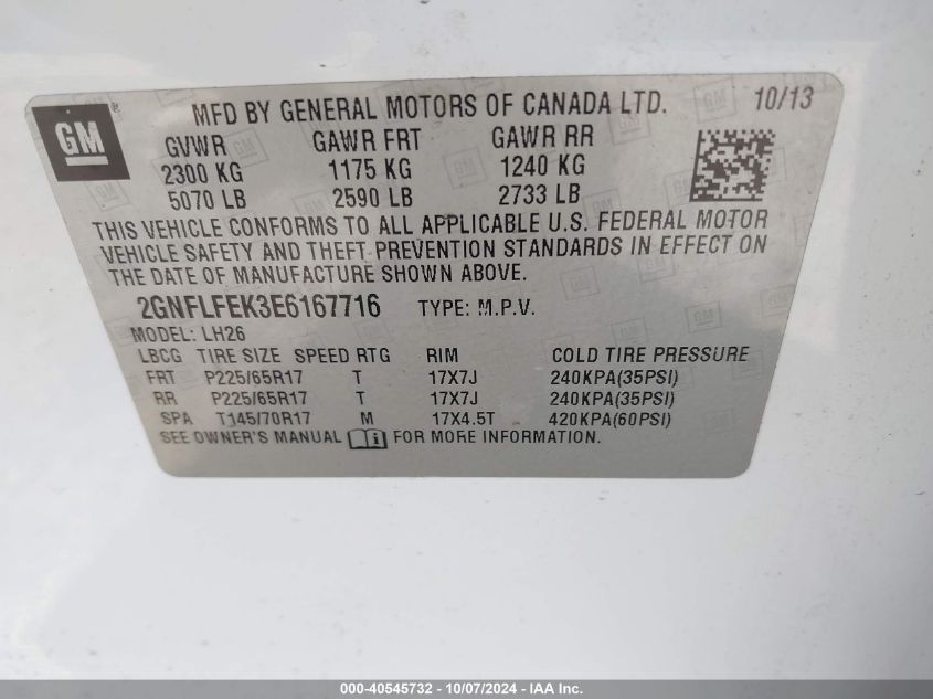 2GNFLFEK3E6167716 2014 Chevrolet Equinox 1Lt