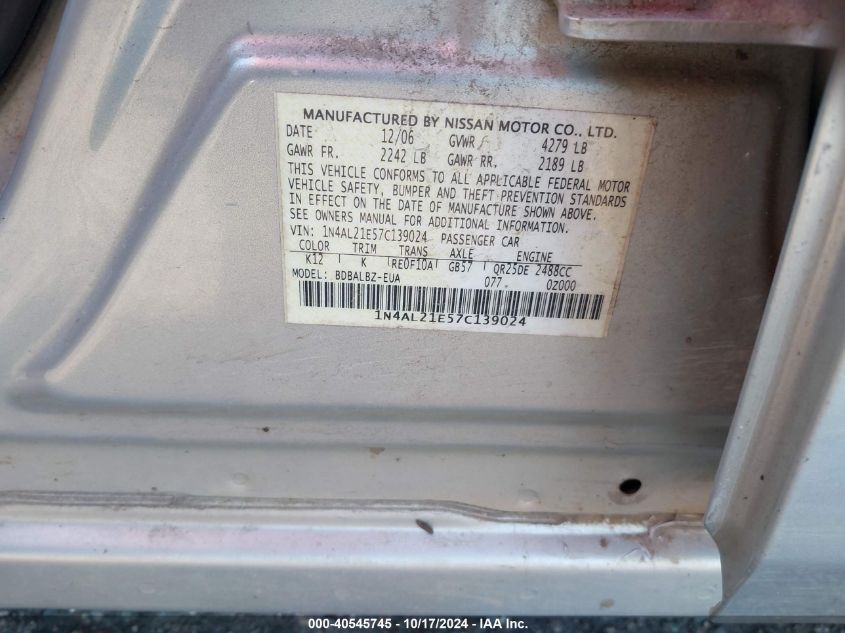 2007 Nissan Altima 2.5 S VIN: 1N4AL21E57C139024 Lot: 40545745