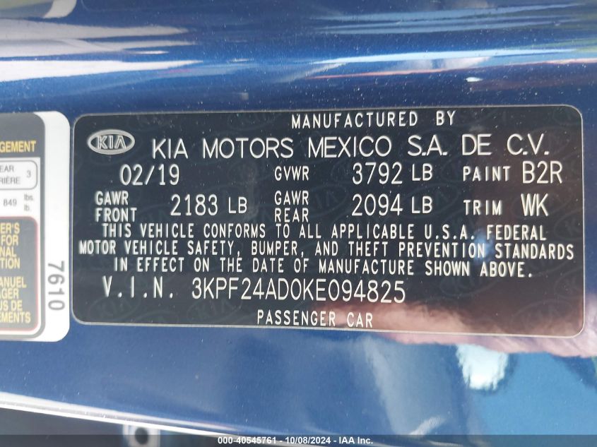 2019 Kia Forte Lxs VIN: 3KPF24AD0KE094825 Lot: 40545761