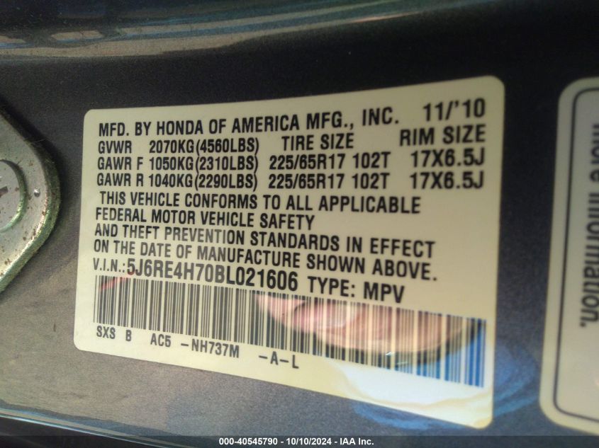 5J6RE4H70BL021606 2011 Honda Cr-V Ex-L