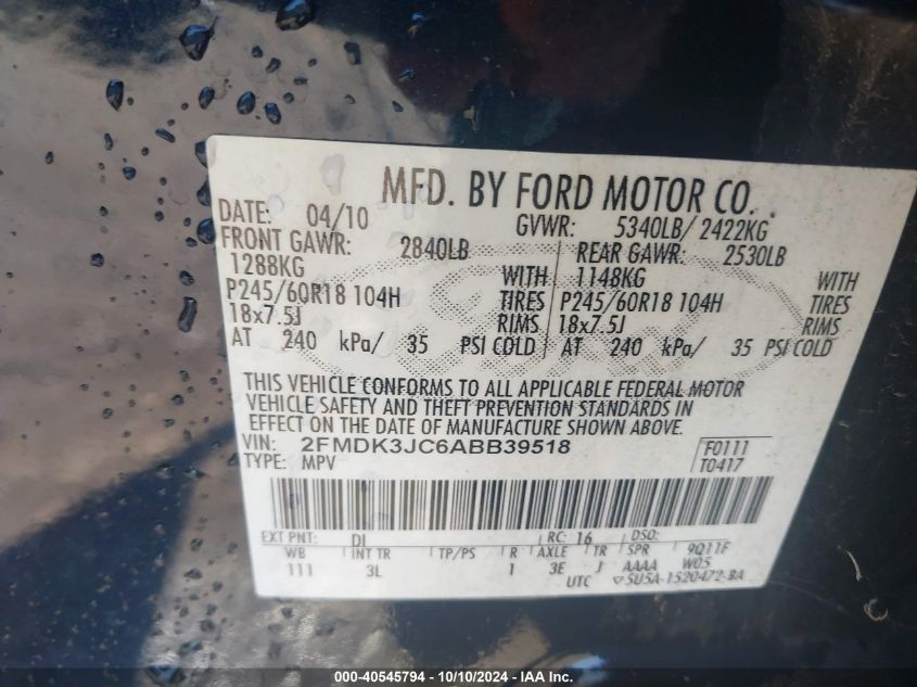 2FMDK3JC6ABB39518 2010 Ford Edge Sel