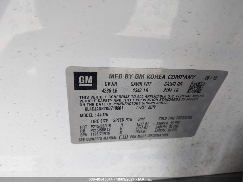 2019 Buick Encore Fwd Preferred VIN: KL4CJASB2KB710601 Lot: 40545844