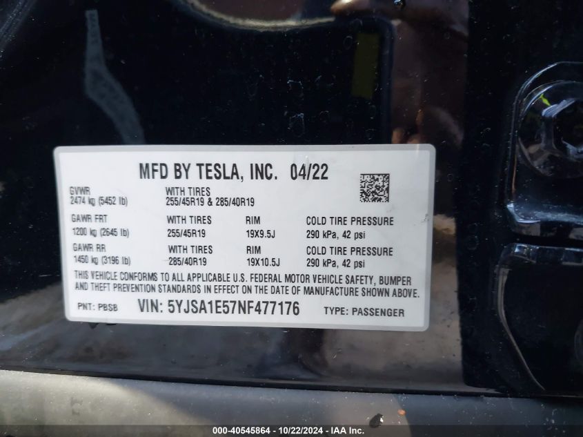 2022 Tesla Model S Dual Motor All-Wheel Drive VIN: 5YJSA1E57NF477176 Lot: 40545864