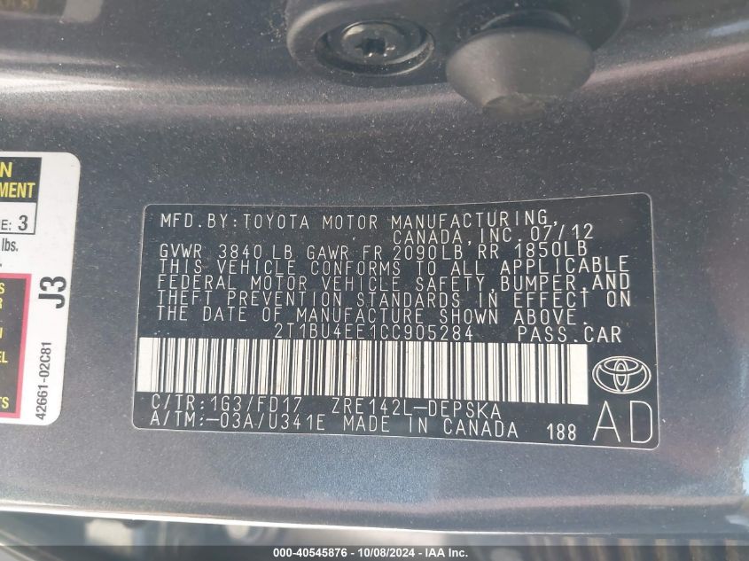 2T1BU4EE1CC905284 2012 Toyota Corolla S