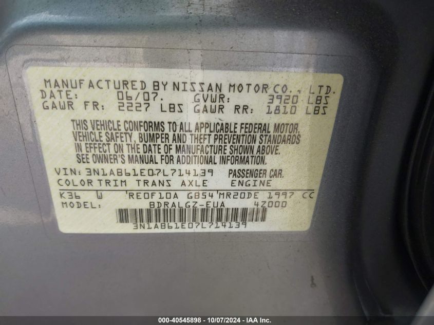 3N1AB61E07L714139 2007 Nissan Sentra 2.0Sl