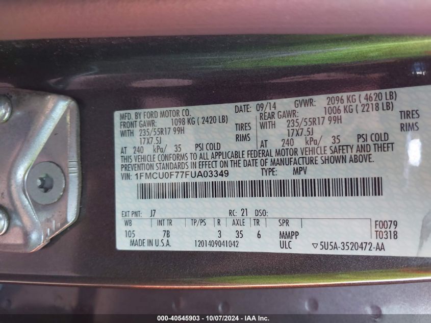 1FMCU0F77FUA03349 2015 Ford Escape S