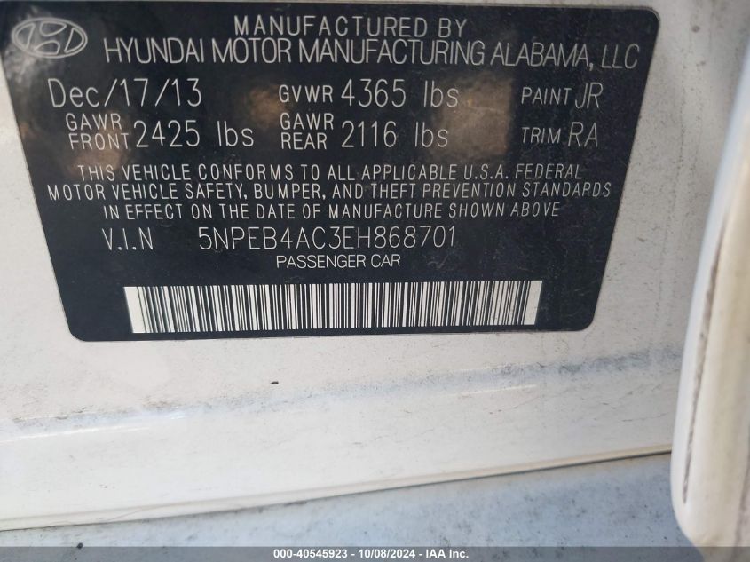 5NPEB4AC3EH868701 2014 Hyundai Sonata Gls