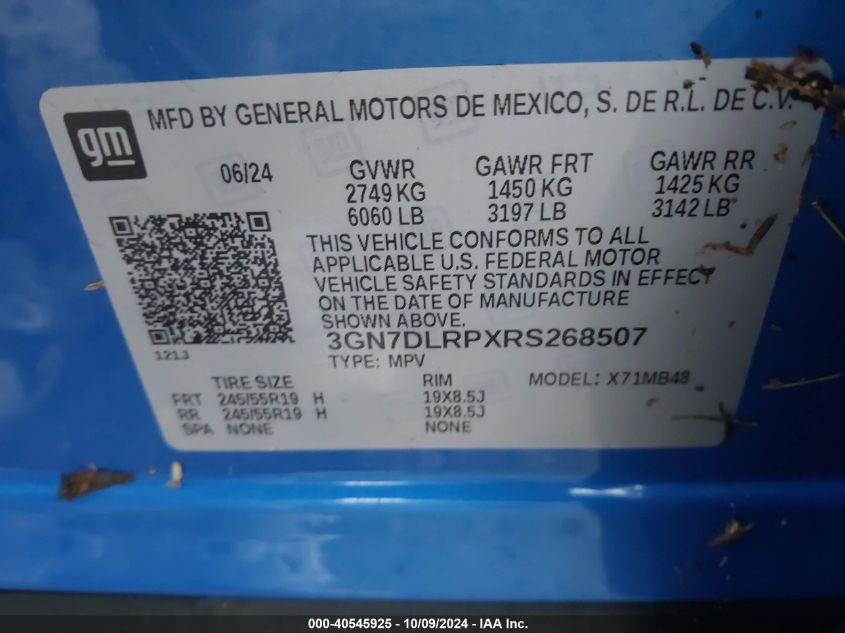 VIN 3GN7DLRPXRS268507 2024 Chevrolet Equinox Ev, LT no.9