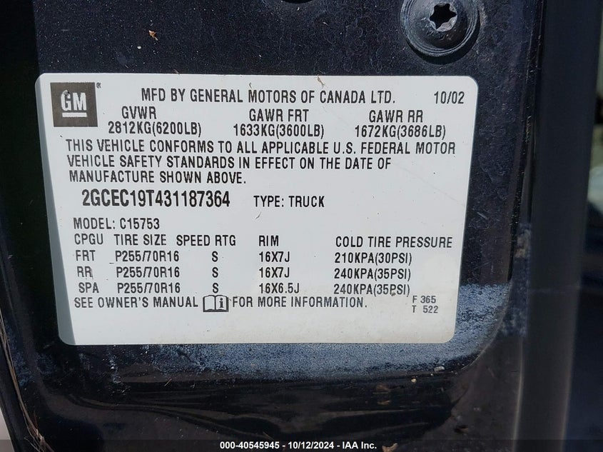 2003 Chevrolet Silverado 1500 Ls VIN: 2GCEC19T431187364 Lot: 40545945