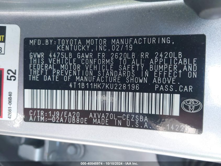 4T1B11HK7KU228196 2019 Toyota Camry Se