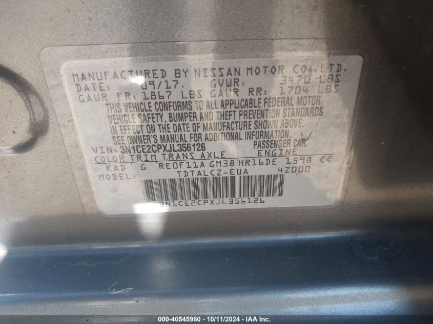 3N1CE2CPXJL356126 2018 Nissan Versa Note S