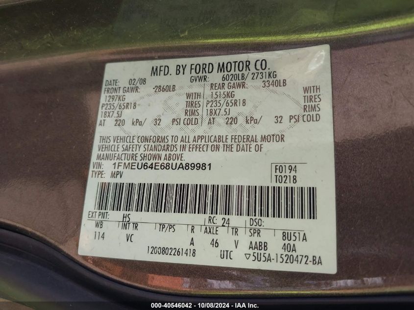 1FMEU64E68UA89981 2008 Ford Explorer Eddie Bauer