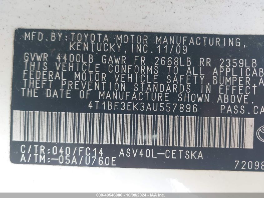 4T1BF3EK3AU557896 2010 Toyota Camry Se/Le/Xle