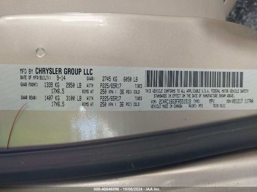 2C4RC1BG3FR551519 2015 Chrysler Town & Country Touring