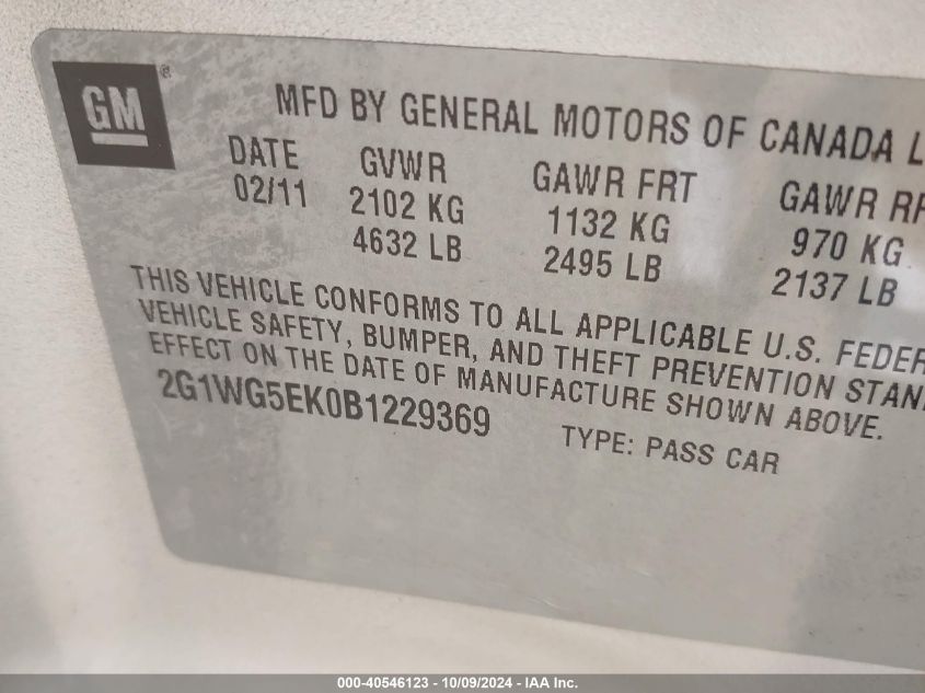 2G1WG5EK0B1229369 2011 Chevrolet Impala Lt