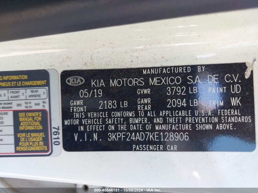 3KPF24AD7KE128906 2019 Kia Forte Fe/Lx/Lxs