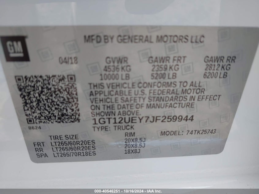 2018 GMC SIERRA VIN: 1GT12UEY7JF259944