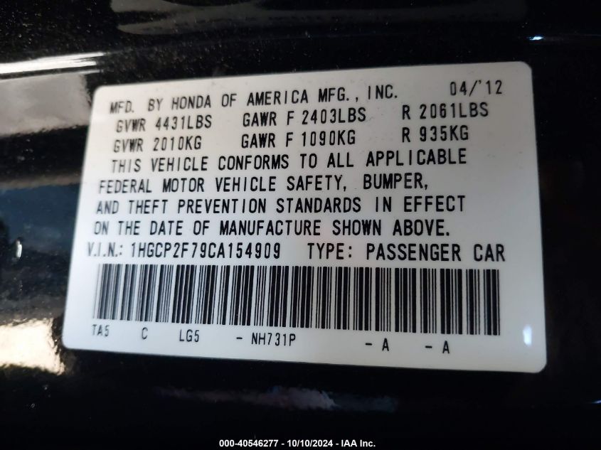 1HGCP2F79CA154909 2012 Honda Accord 2.4 Ex