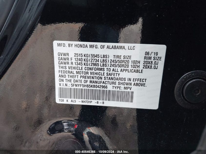 5FNYF5H65KB042966 2019 Honda Pilot Touring