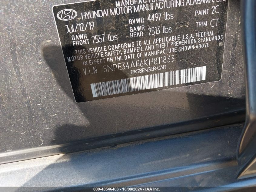 5NPE34AF6KH811833 2019 Hyundai Sonata Limited/Sel/Sport