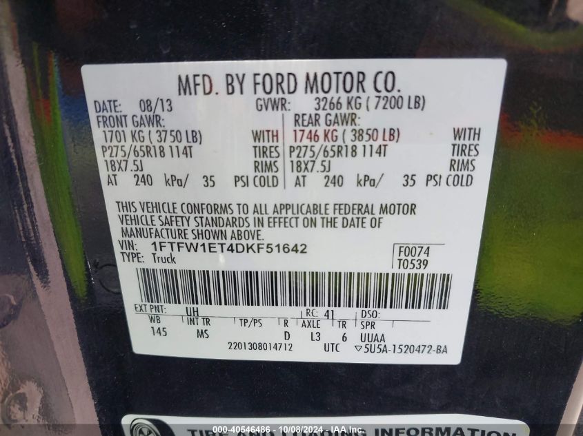 1FTFW1ET4DKF51642 2013 Ford F150 Supercrew