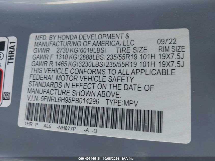 2023 Honda Odyssey Elite VIN: 5FNRL6H95PB014296 Lot: 40546515