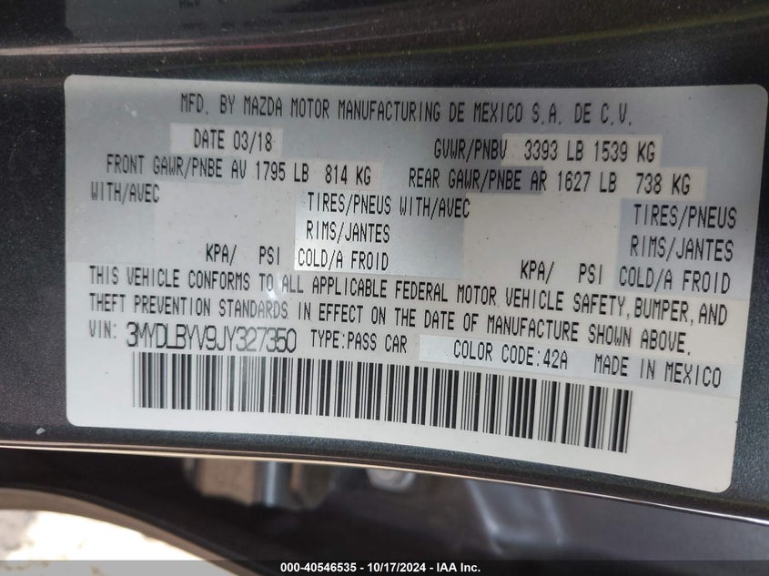 VIN 3MYDLBYV9JY327350 2018 TOYOTA YARIS IA