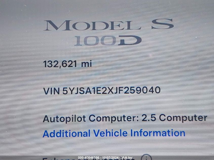 2018 Tesla Model S 100D/75D/P100D VIN: 5YJSA1E2XJF259040 Lot: 40546556