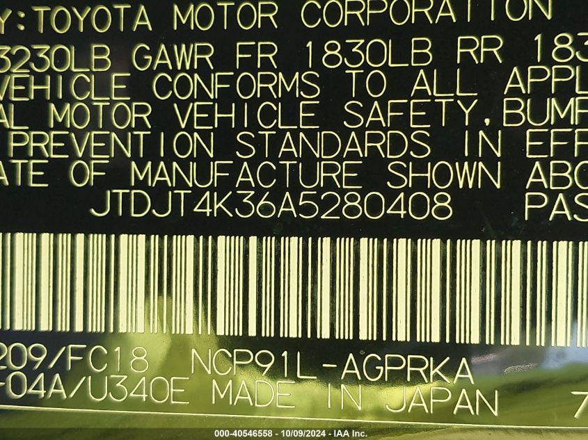 JTDJT4K36A5280408 2010 Toyota Yaris