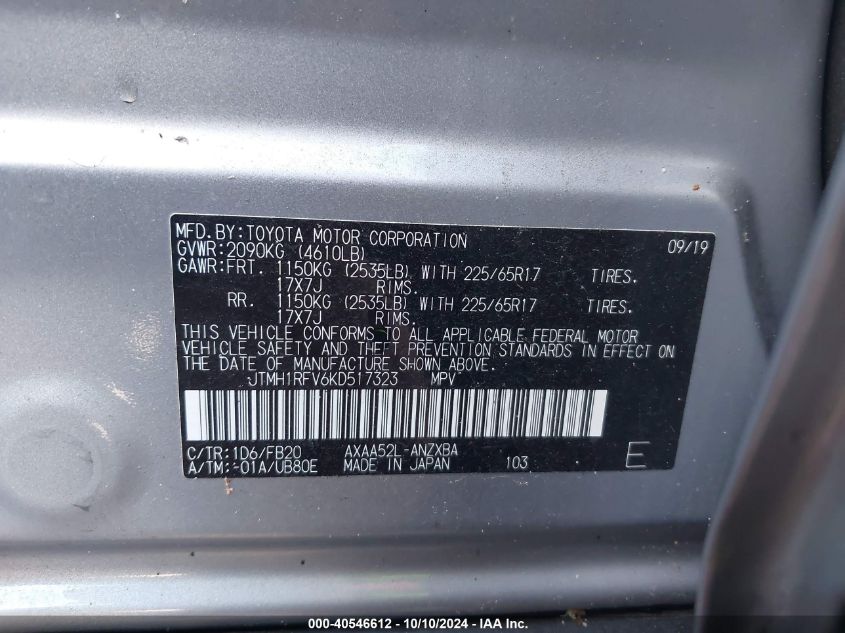 JTMH1RFV6KD517323 2019 Toyota Rav4 Le